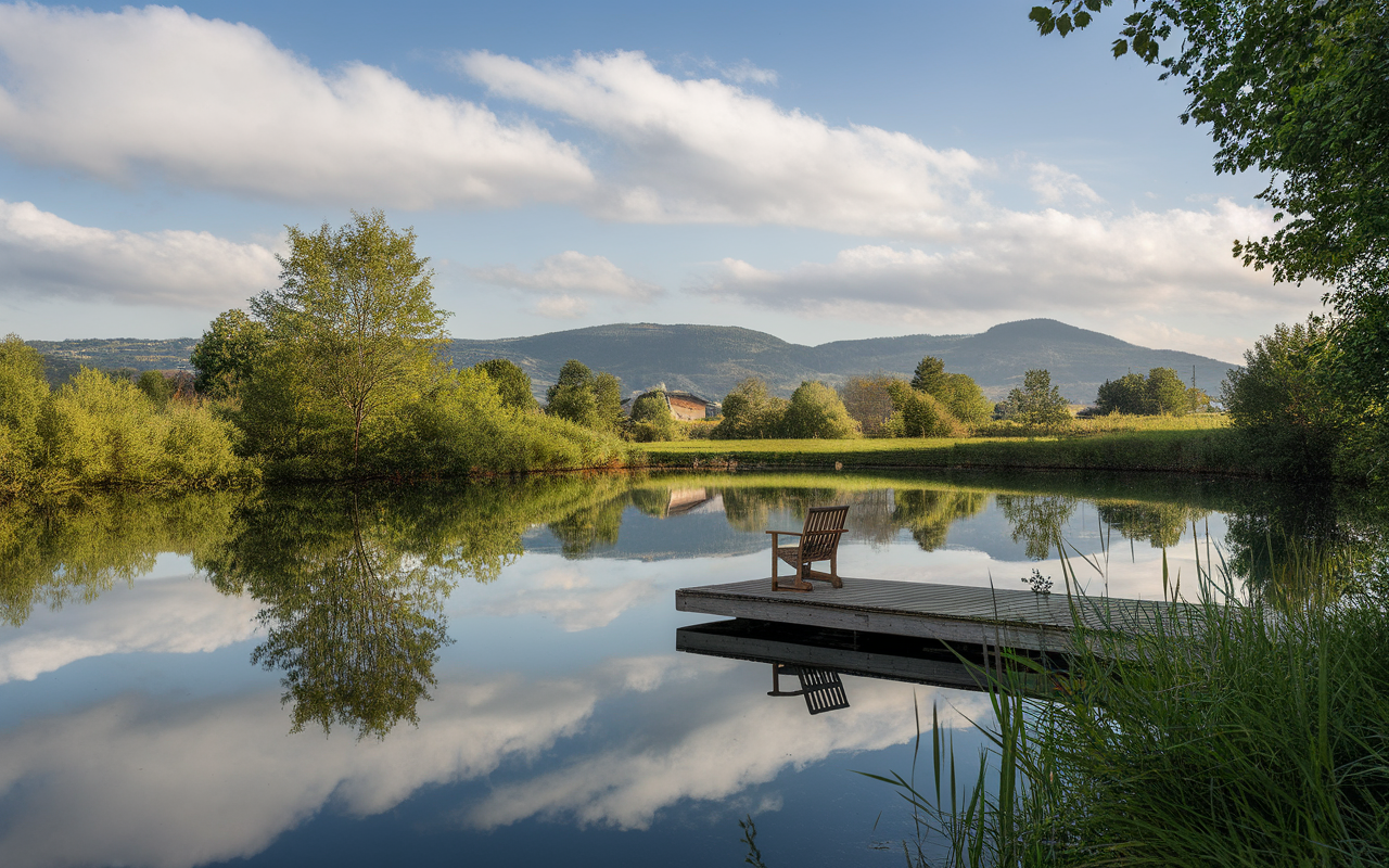 Un banc en bois sur une jetée, entouré de verdure, reflète des collines et des nuages dans un lac calme.