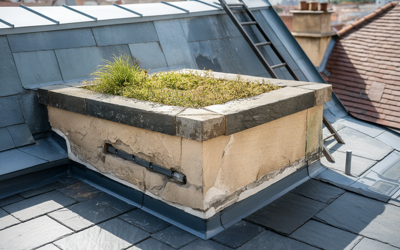Toit avec des tuiles en ardoise, délimitant un jardin surélevé avec des plantes, échelle en arrière-plan, détails architecturaux visibles.