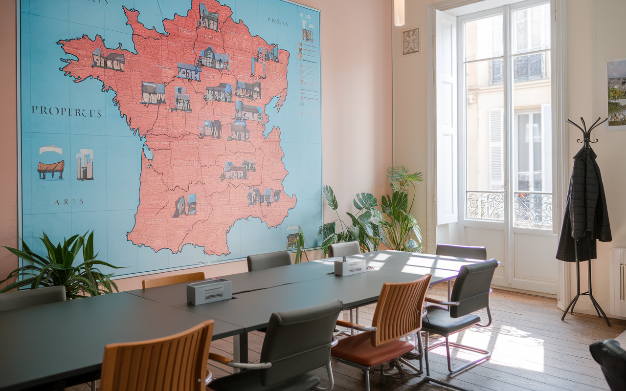 Salle de réunion moderne avec une grande carte de France murale et des sièges autour d'une table, éclairée par la lumière naturelle.