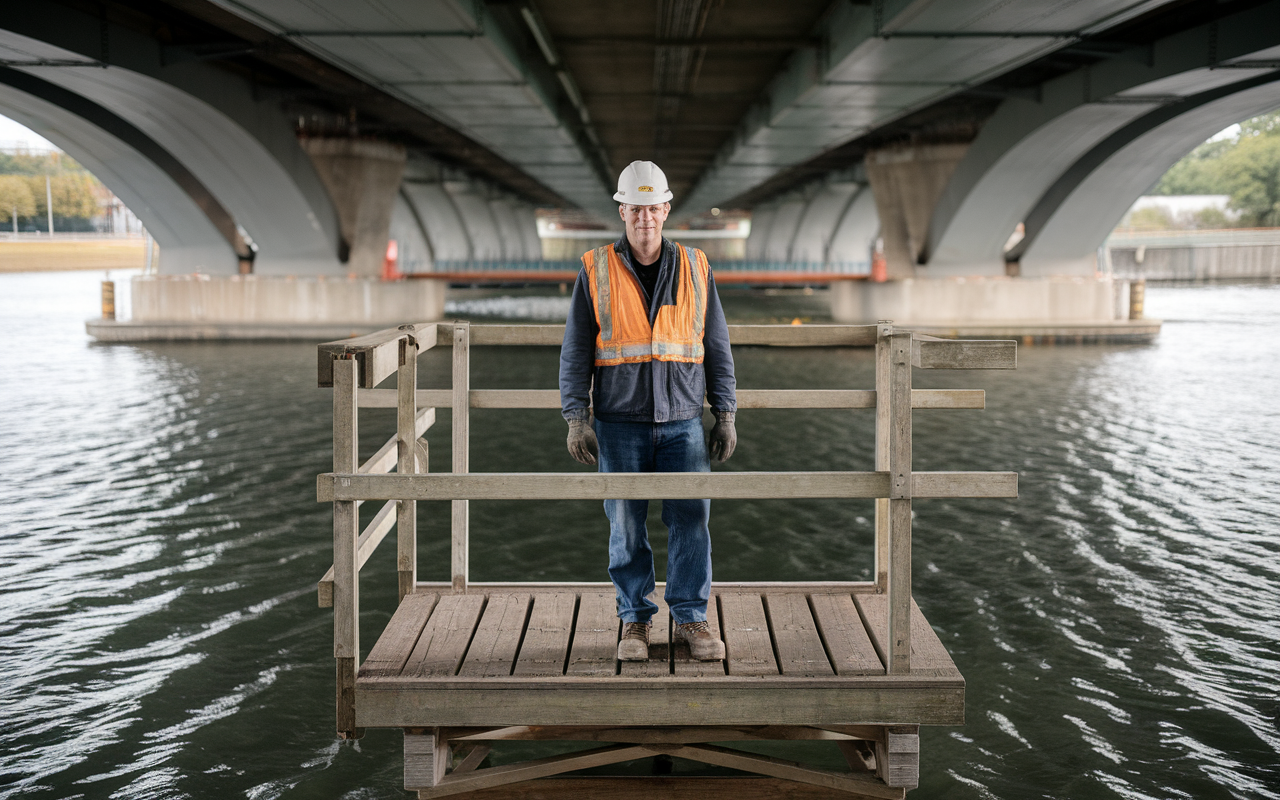 Ouvrier en casque et gilets de sécurité se tient sur une plateforme en bois sous un pont, au-dessus de l'eau.