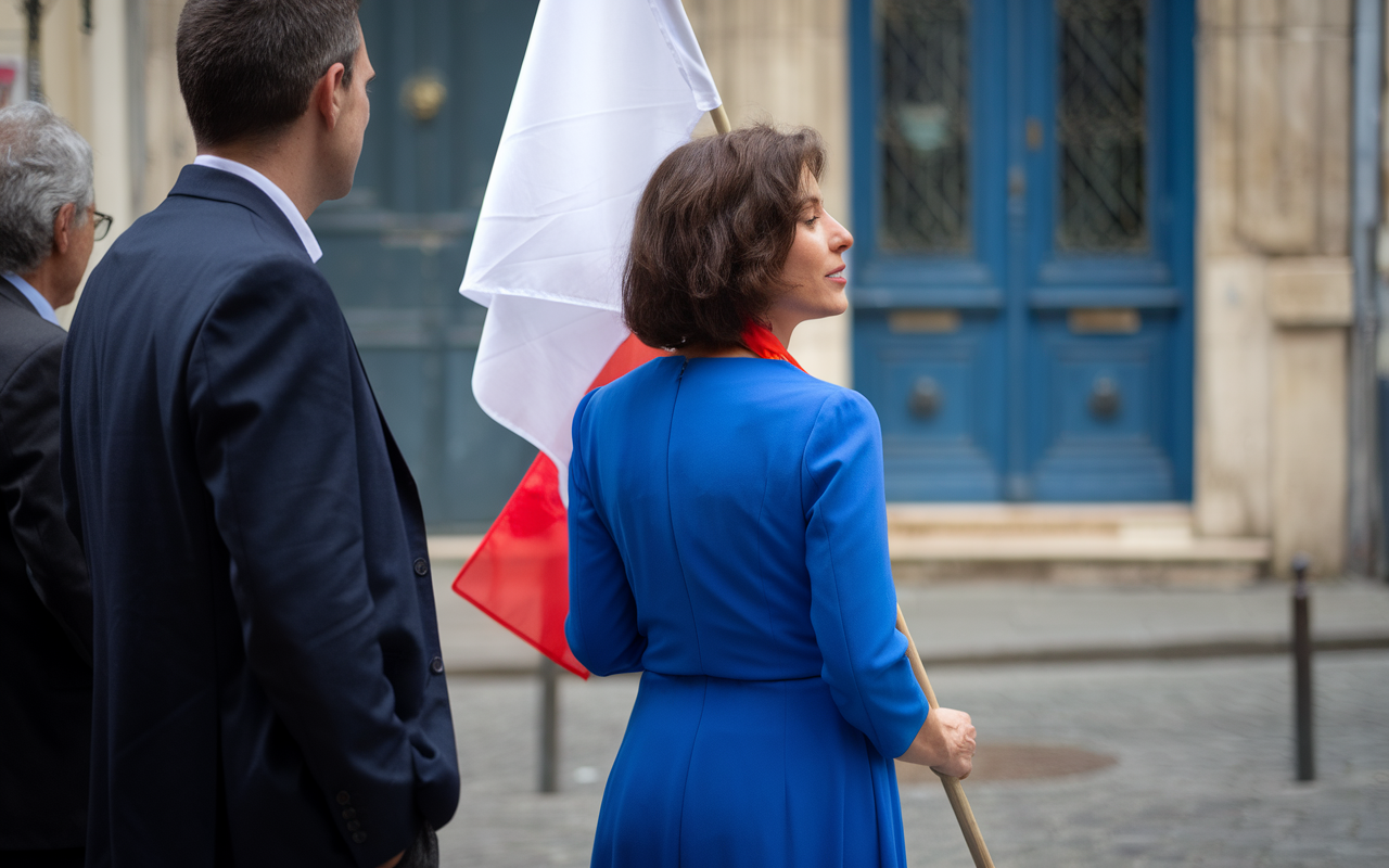 Femme en robe bleue tenant un drapeau français, vue de dos, avec des hommes en arrière-plan, devant une porte bleue.