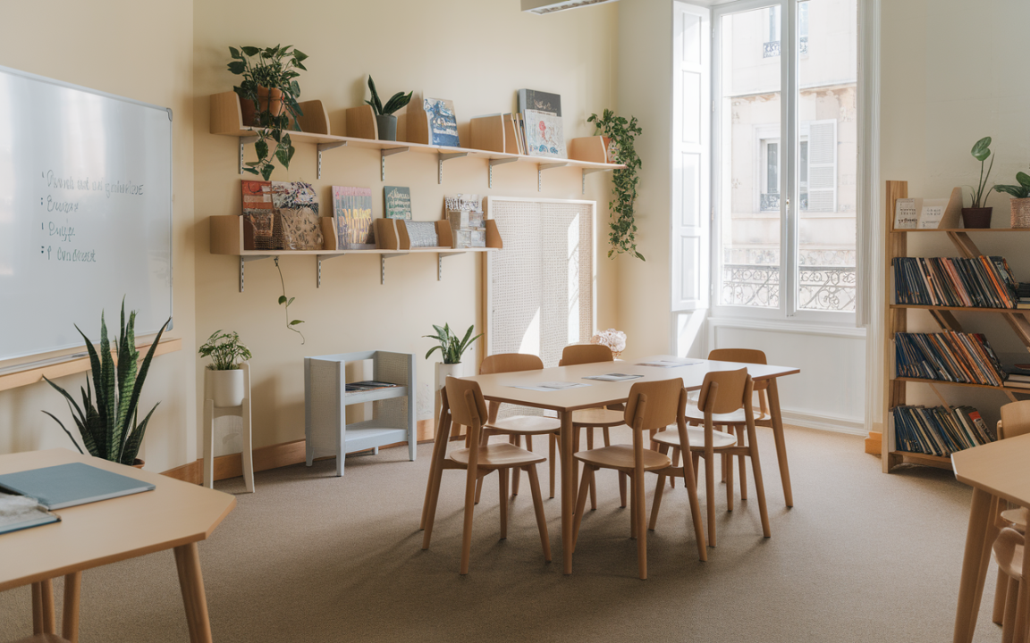 Classe lumineuse avec tables en bois, chaises, étagères remplies de livres et plantes. Mur avec tableau blanc. Fenêtre ouverte.