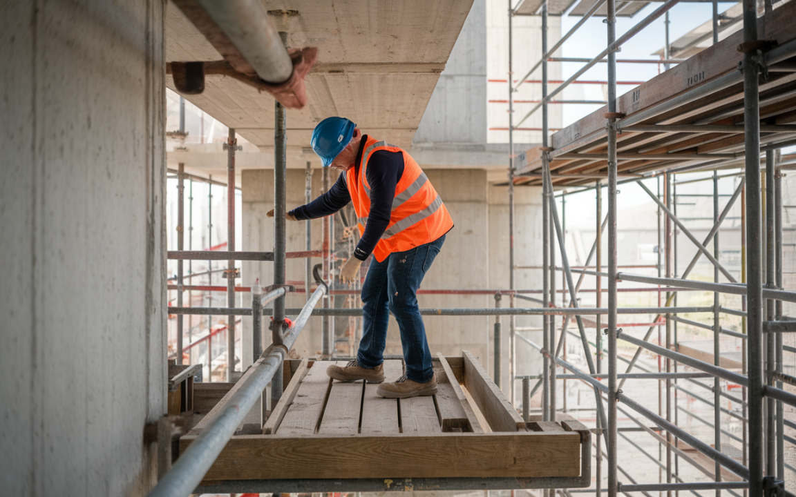 Un ouvrier de construction en gilet orange et casque monte sur une plateforme en bois, entouré d'échafaudages.