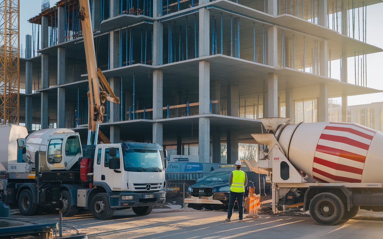 Chantier de construction avec camions, grue et ouvrier en vestes réfléchissantes, bâtiments béton en arrière-plan, matin éclairé.
