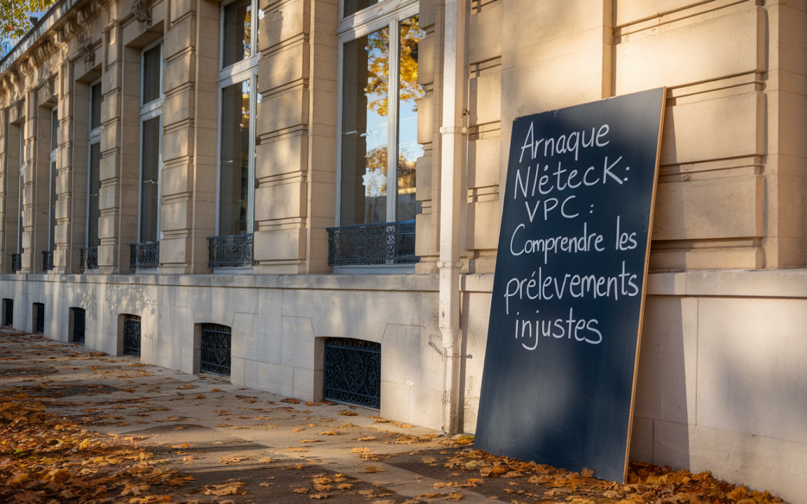 Un panneau noir sur un trottoir, indiquant une arnaque liée à Nlëtéck et VPC, devant un bâtiment avec des fenêtres.