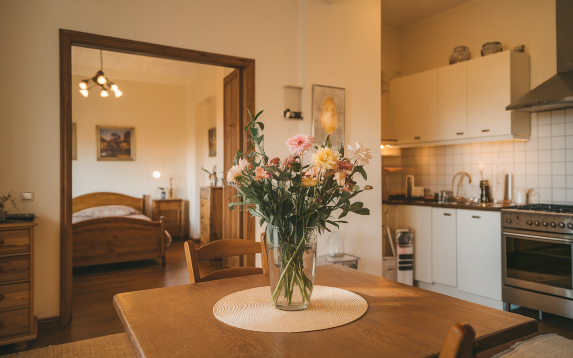 Intérieur d'un appartement chaleureux avec une table en bois, un vase de fleurs colorées et une cuisine ouverte.