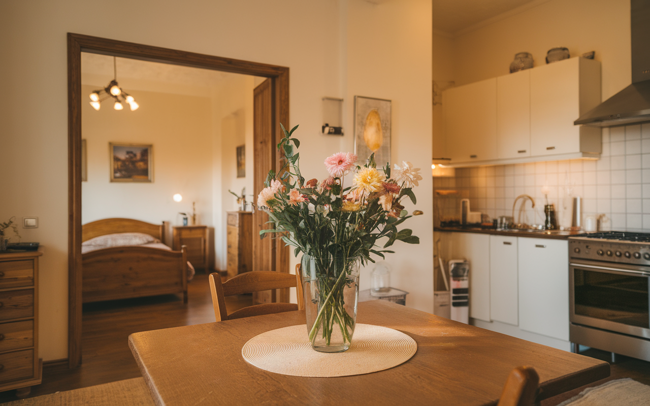 Intérieur d'un appartement chaleureux avec une table en bois, un vase de fleurs colorées et une cuisine ouverte.