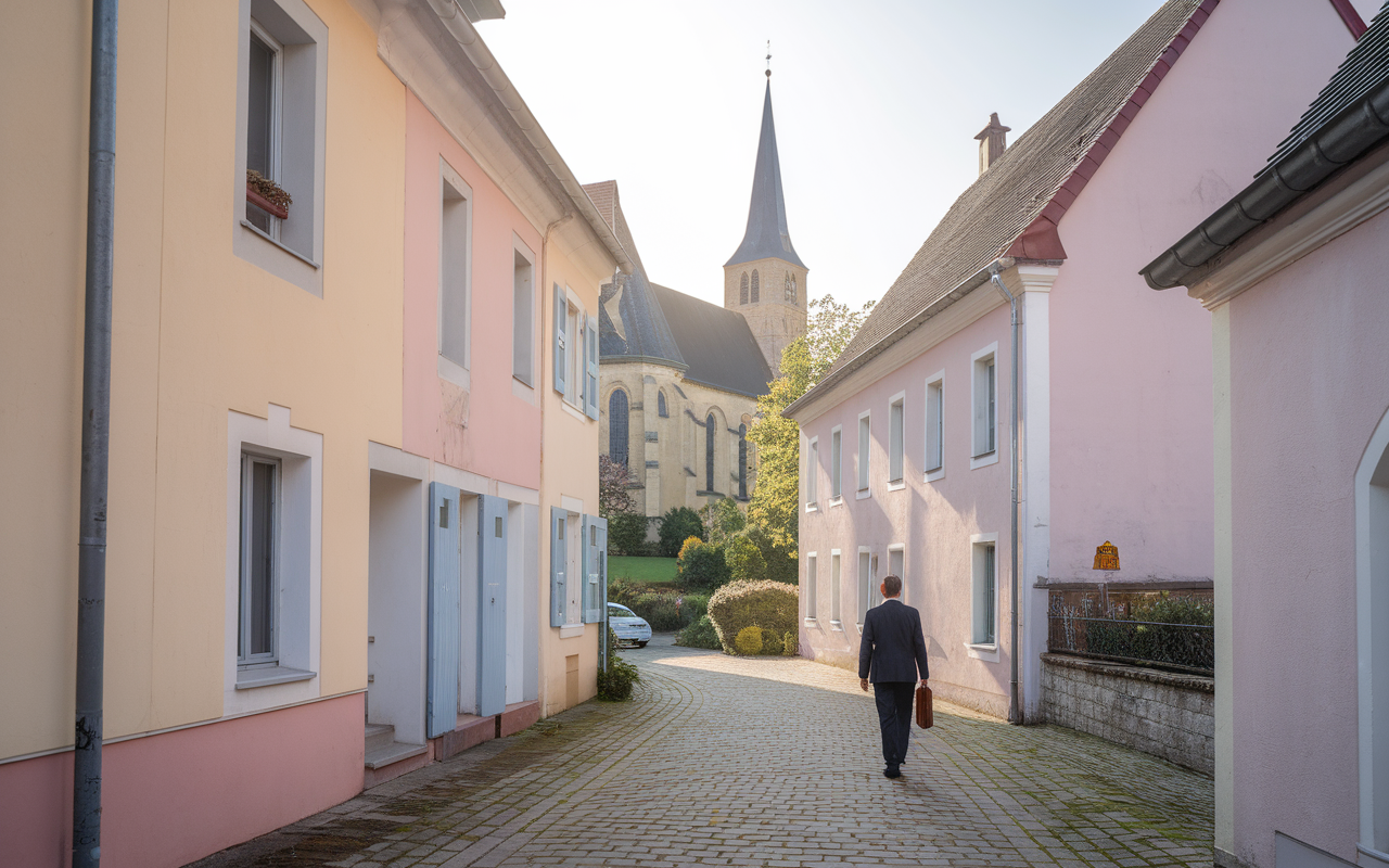 Un homme en costume marche dans une ruelle pavée, entourée de maisons pastel, avec une église en arrière-plan.