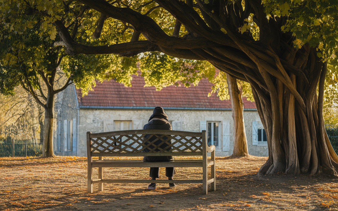 Une personne assise sur un banc, sous un grand arbre, avec une maison en arrière-plan, au soleil d'automne.