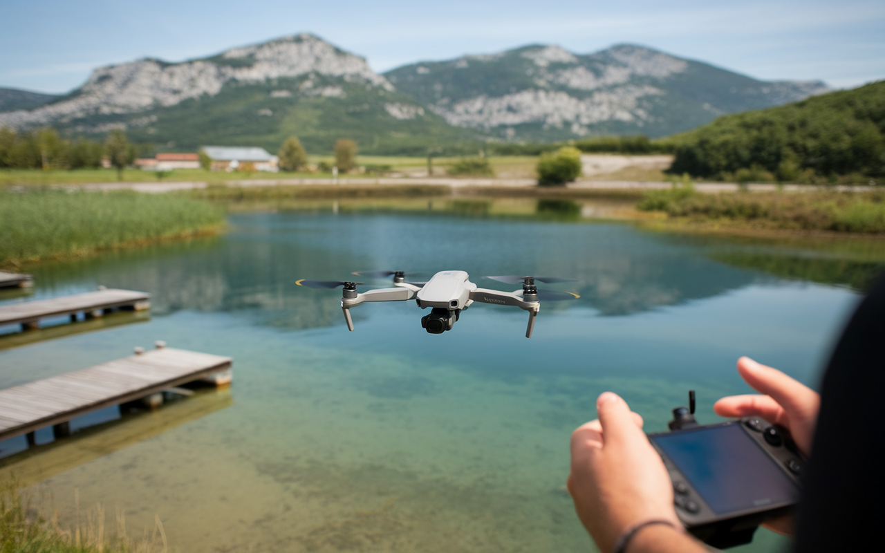 Un drone survole un étang, piloté à distance, avec des montagnes verdoyantes en arrière-plan et des quais en bois.