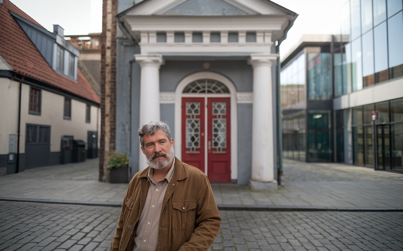 Homme avec barbe grise, portant une veste marron, se tenant devant un bâtiment historique à portes rouges, dans un quartier urbain.