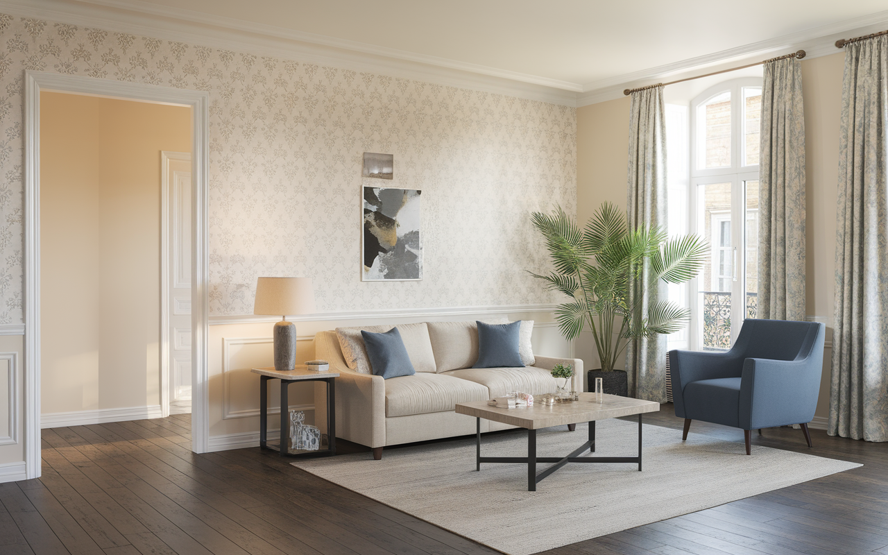 Salon moderne avec canapé beige, fauteuil bleu, table basse en bois, décoration murale, et lumière naturelle à travers de grandes fenêtres.