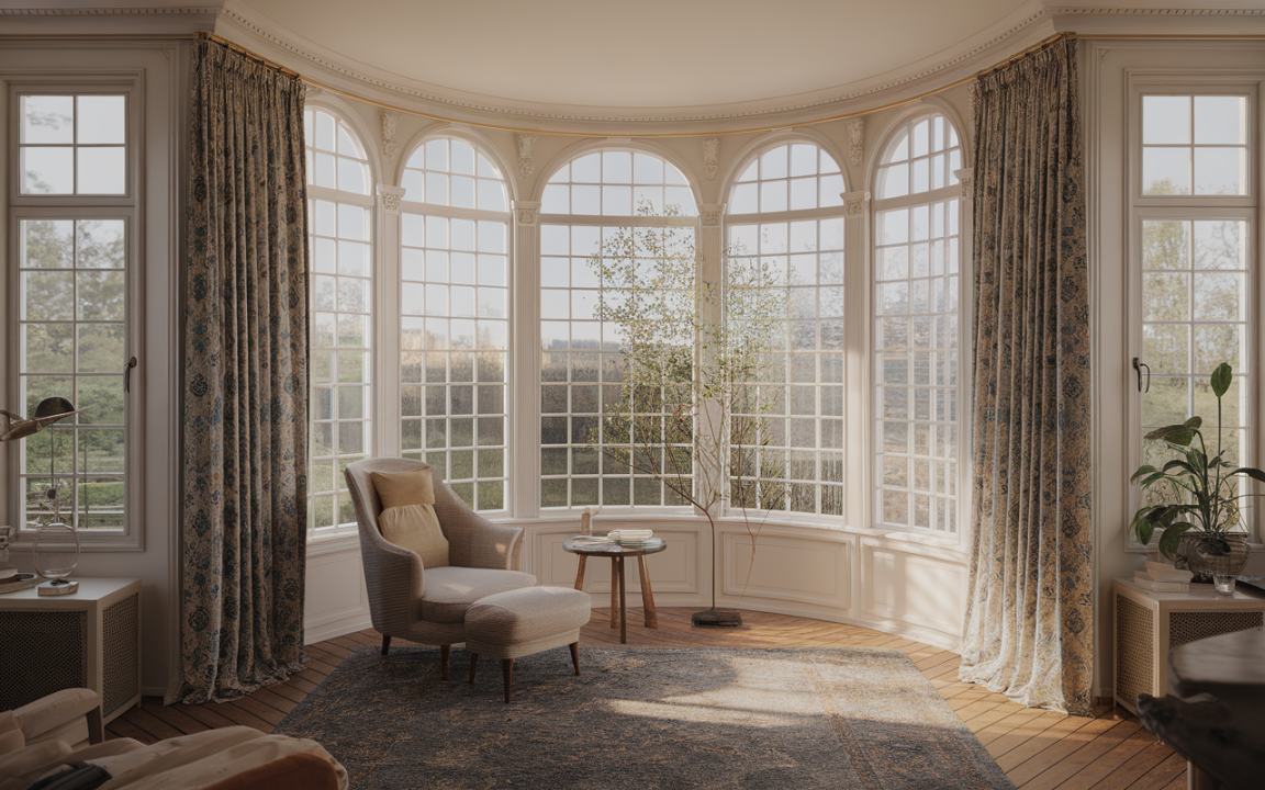 Intérieur lumineux avec des fenêtres arrondies, un fauteuil, une table et des plantes, décoré de rideaux élégants et d'un tapis.