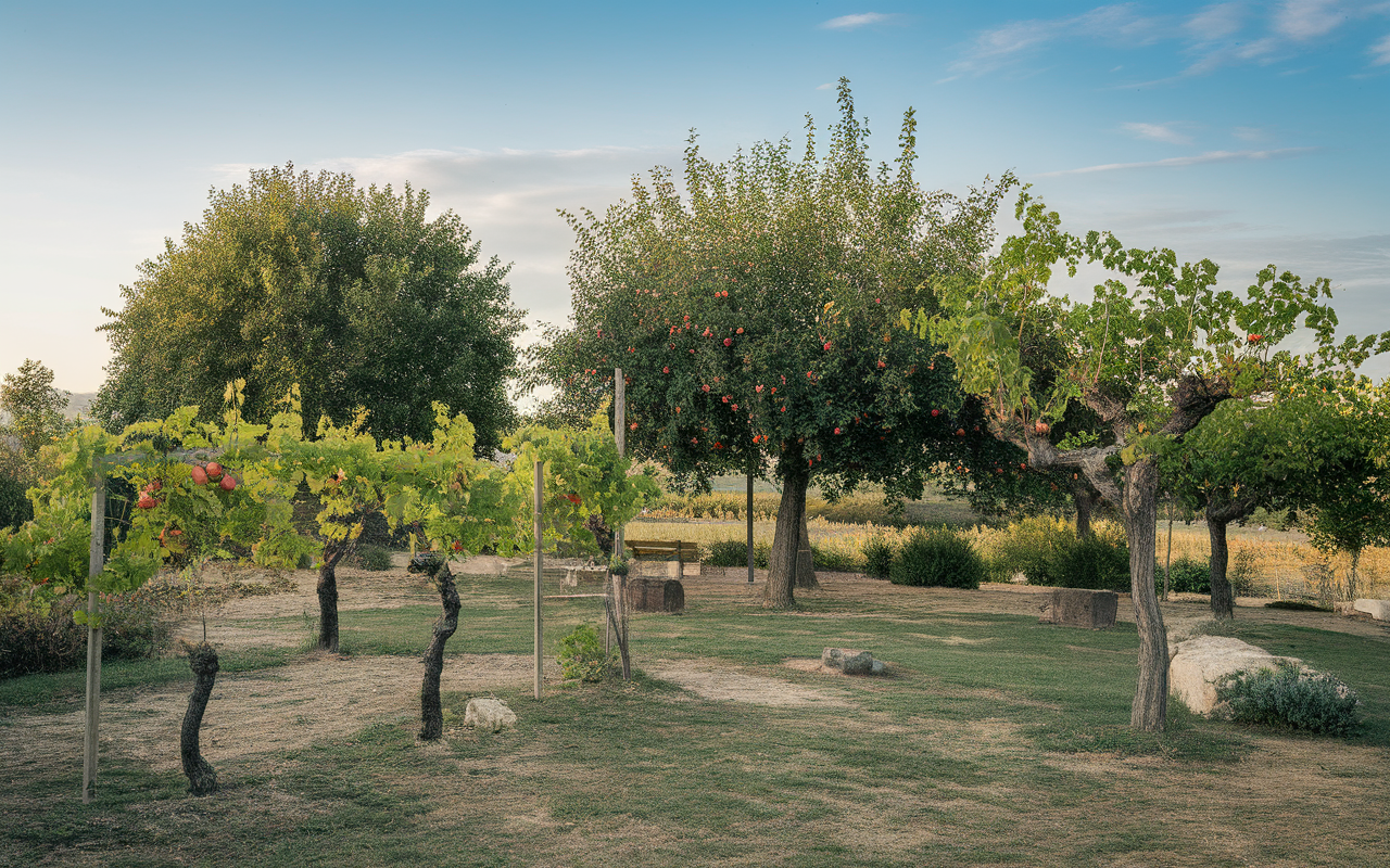 Un jardin avec des vignes et des arbres fruitiers, un ciel clair, des pelouses verdoyantes et des pierres éparses.