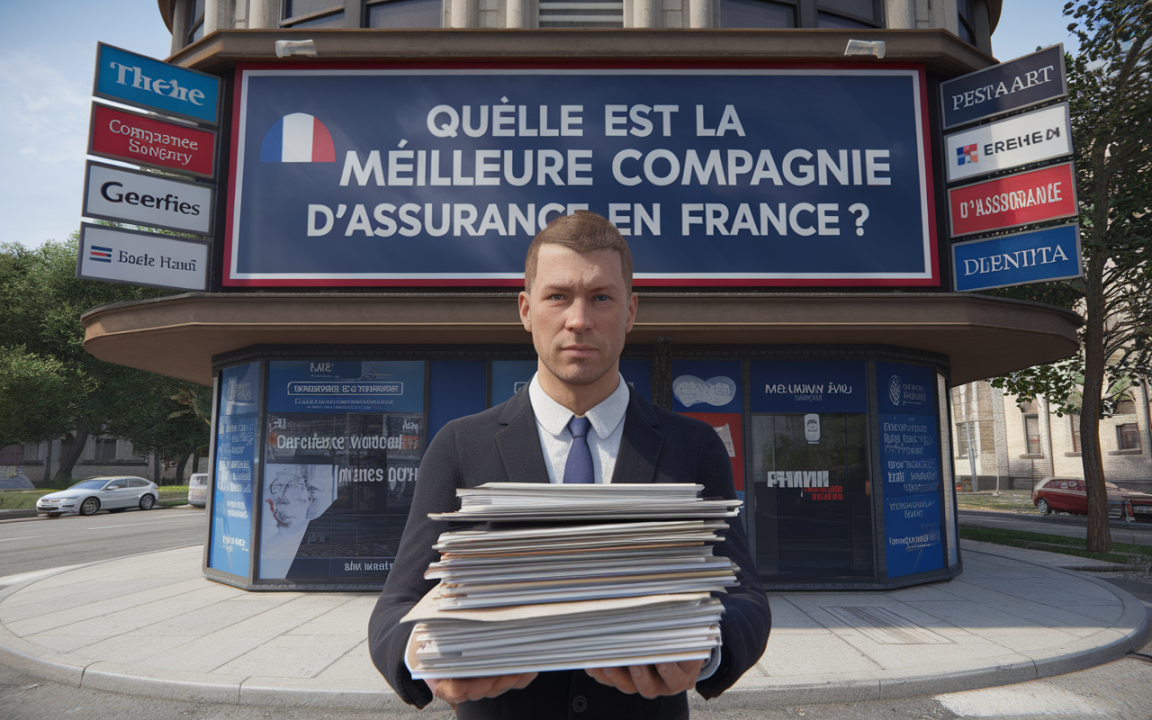 Homme en costume tenant une pile de documents devant un bâtiment avec une grande enseigne sur les assurances en France.