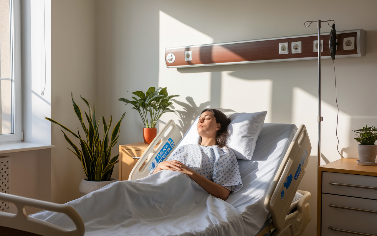 Femme allongée dans un lit d'hôpital, portant une blouse, avec des plantes en pot et lumière naturelle à travers la fenêtre.