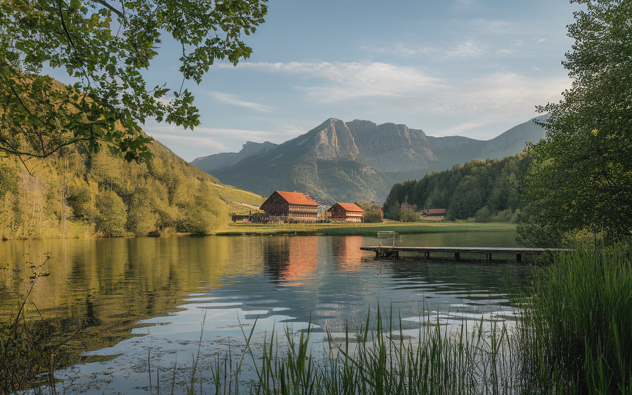 Paysage serein avec des montagnes en arrière-plan, un lac réfléchissant des bâtiments rustiques, et une végétation luxuriante.