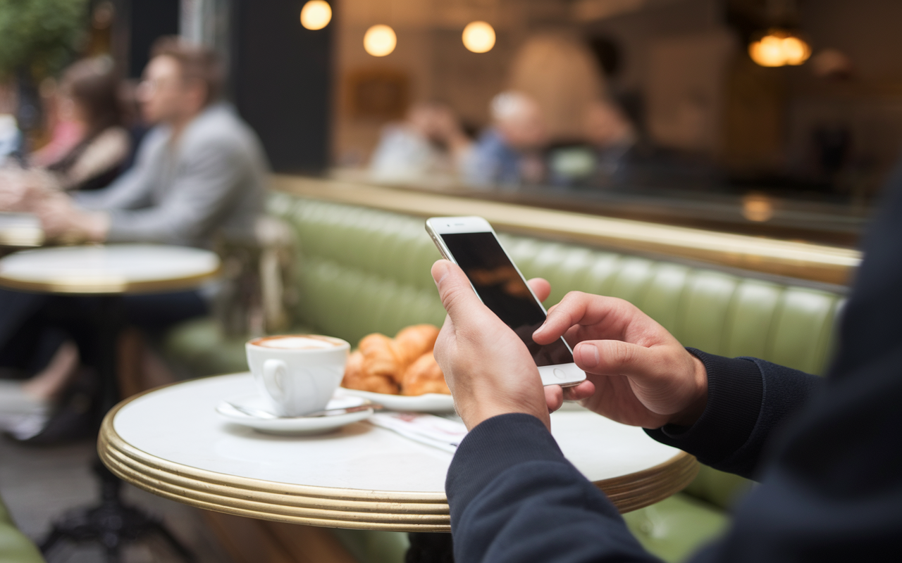 Un homme utilise son smartphone à une table dans un café, accompagnée d'un café et de croissants.