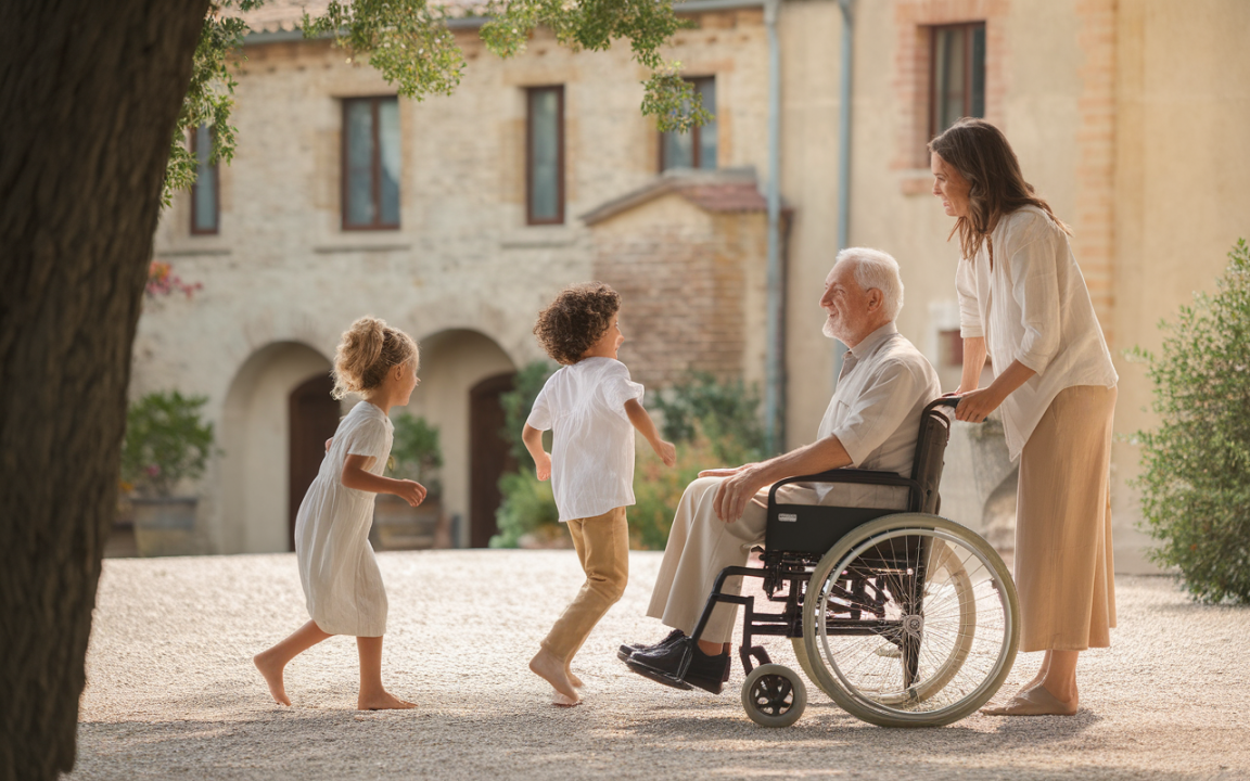 Un homme âgé en fauteuil roulant sourit pendant que deux enfants jouent autour de lui, dans un cadre paisible.