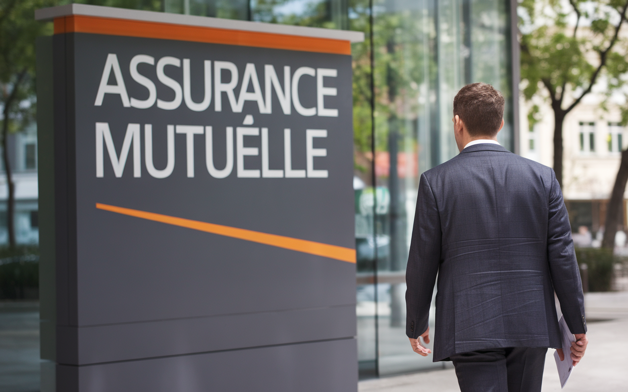 Un homme en costume se dirige vers un bâtiment portant l'enseigne "ASSURANCE MUTUELLE" dans un environnement urbain.