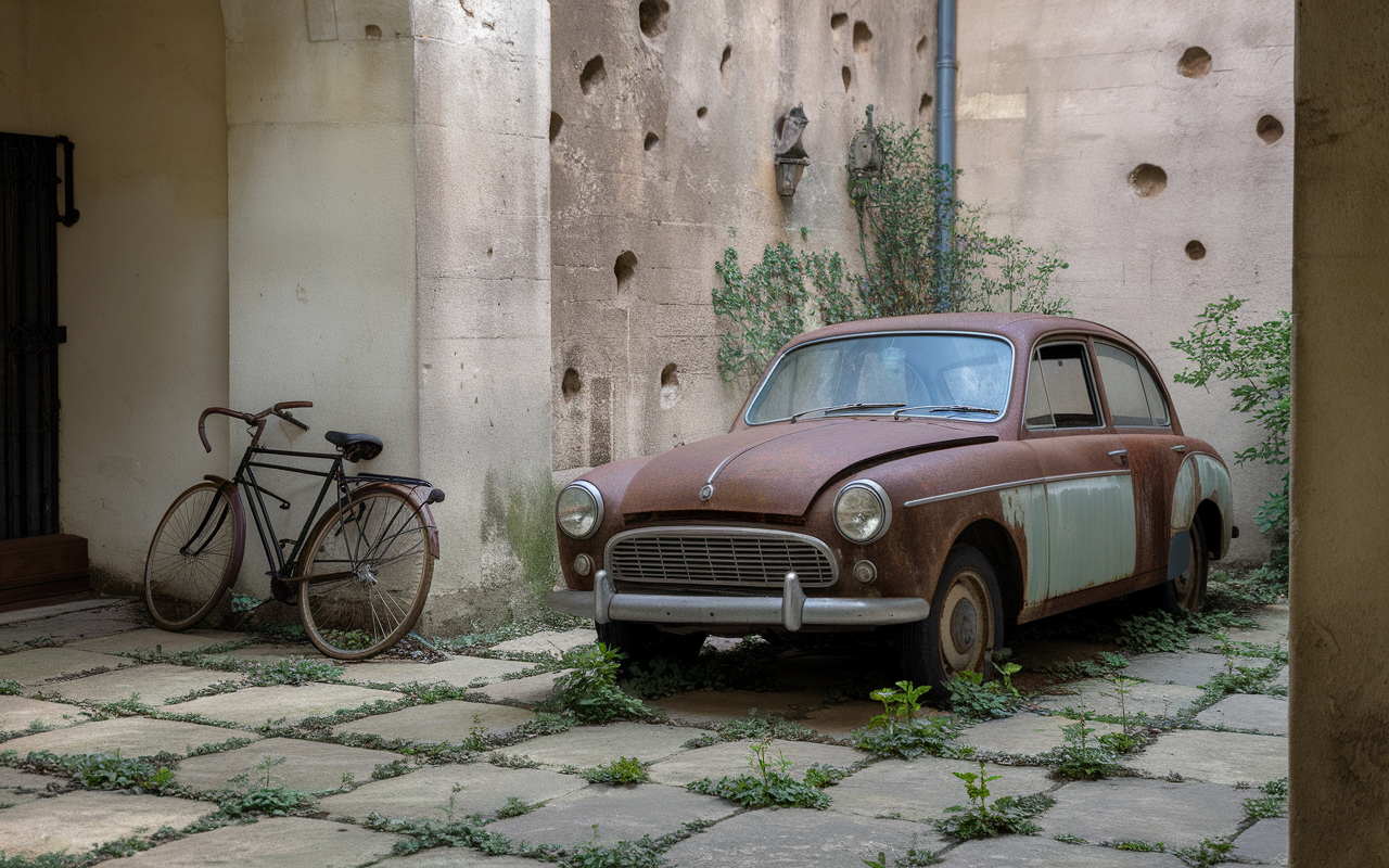 Véhicule rouillé et vélo ancien abandonnés dans une cour pavée entourée de végétation et de murs marqués.