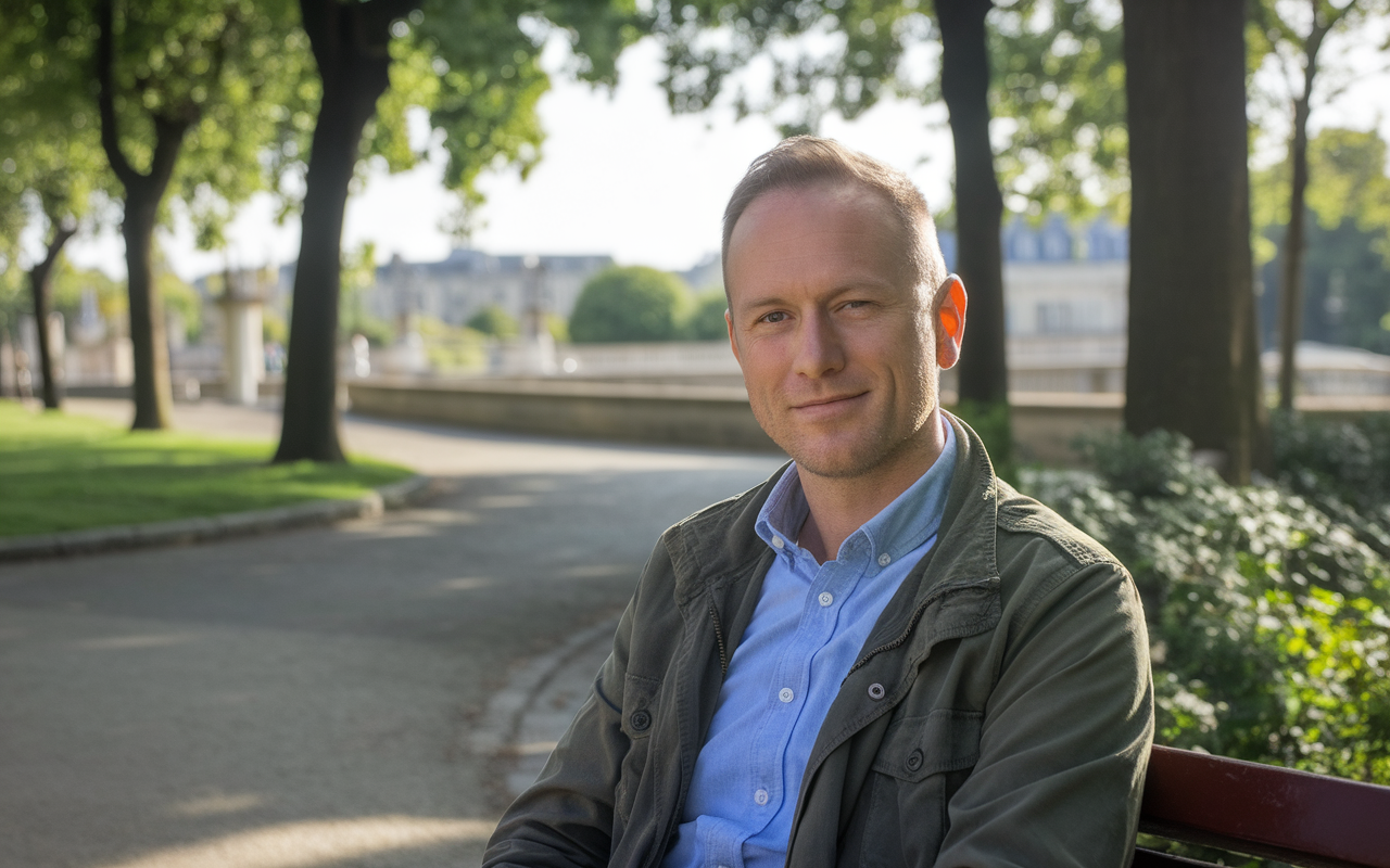 Homme assis sur un banc dans un parc, avec des arbres verdoyants en arrière-plan, souriant et vêtu d'une chemise bleue.