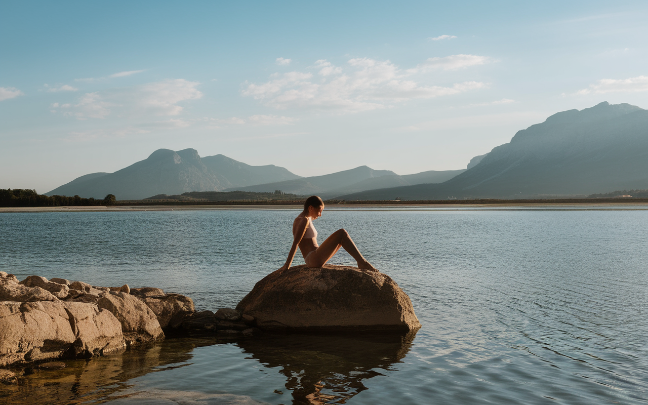 Une femme assise sur un rocher au bord d'un lac, entourée de montagnes sous un ciel bleu clair.