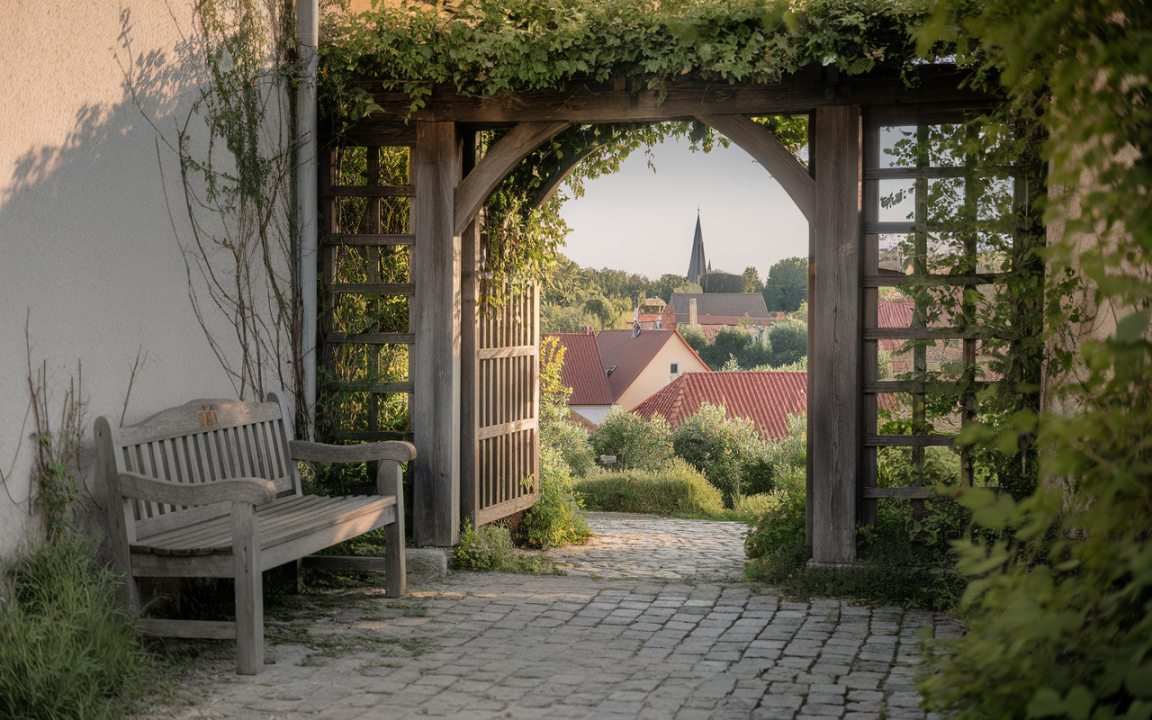 Vue d'une arche en bois avec une banquette, menant à un village paisible avec des maisons et une église au loin.