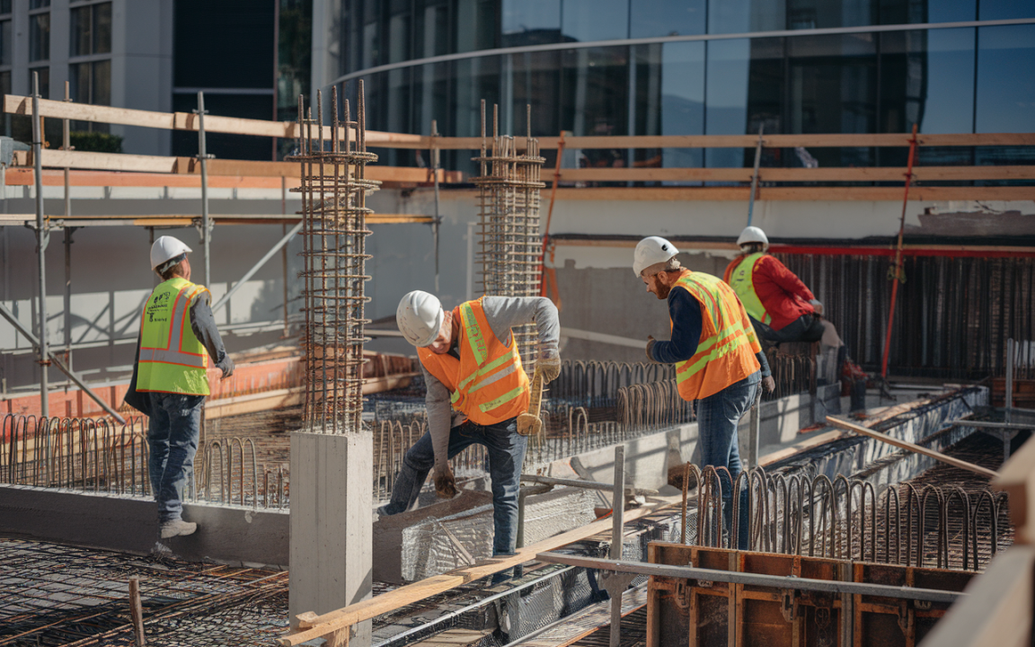 Chantier de construction avec quatre ouvriers portant des casques et gilets de sécurité, manipulant des matériaux sur une plateforme de béton.