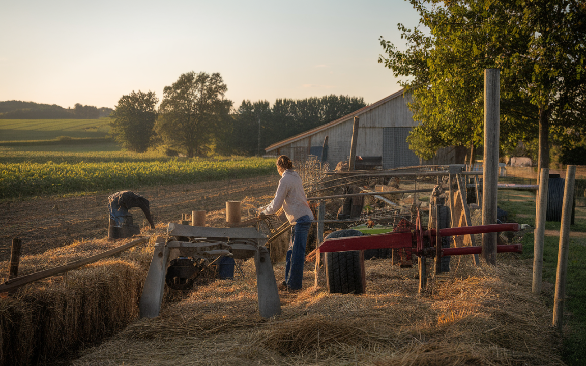 Une femme travaille sur une ferme, entourée de foin, d'équipements agricoles et d'un paysage verdoyant au coucher du soleil.