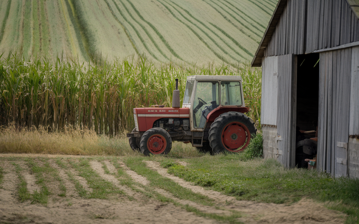 Tracteur rouge stationné près d'une grange, avec des rangées de maïs verdoyantes en arrière-plan, champ apaisant.
