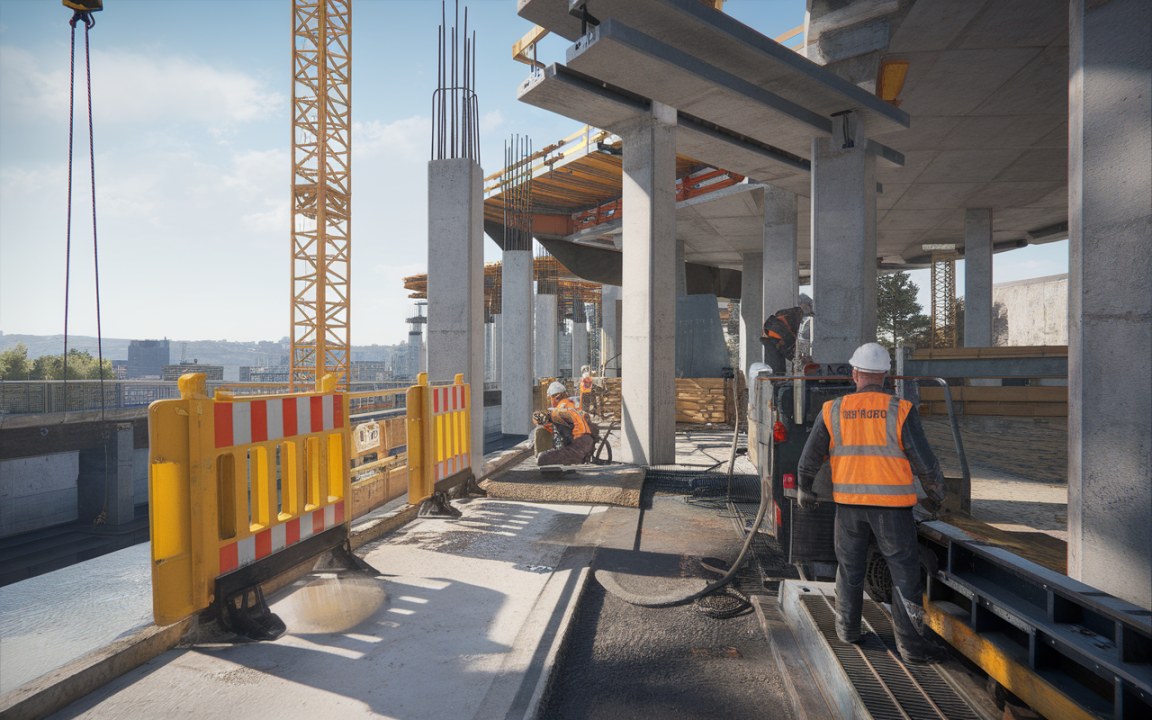 Chantier de construction en cours avec des ouvriers, équipements, barrière de sécurité et structure en béton sous un ciel dégagé.
