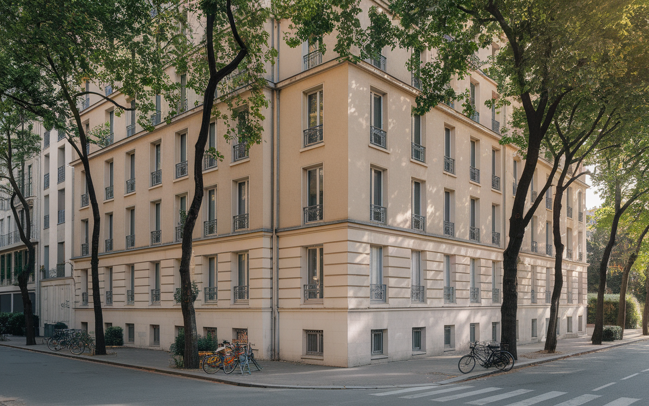 Immeuble moderne en coin avec fenêtres, arbres verdoyants et vélos stationnés, situé dans une rue calme et ensoleillée.