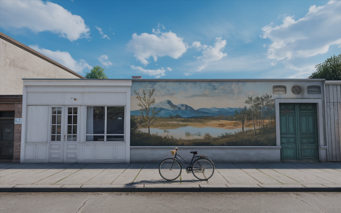 Bâtiment avec mur peint représentant un paysage, une bicyclette noire posée devant, ciel bleu avec quelques nuages.