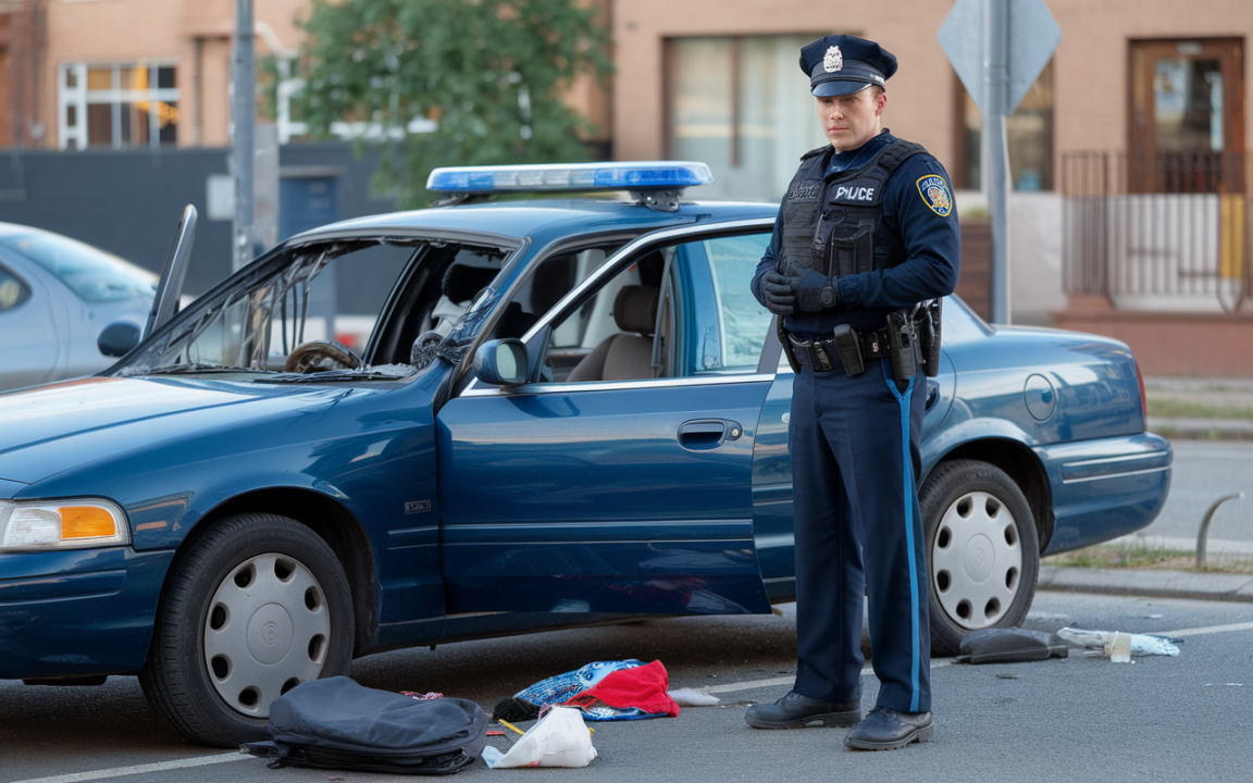 Un policier en uniforme se tient près d'une voiture de police endommagée, avec des débris au sol.