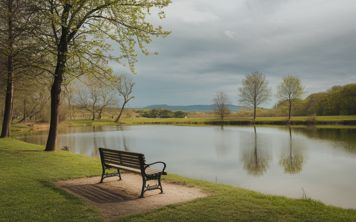 Un banc en bois se trouve près d'un lac paisible, entouré d'arbres, sous un ciel nuageux. Réflexion dans l'eau.
