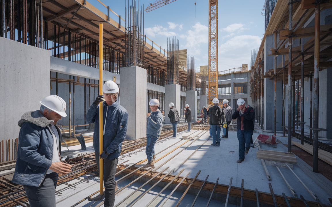 Chantier en construction avec plusieurs ouvriers portant des casques, manipulant des outils et des matériaux, sous un ciel ensoleillé.