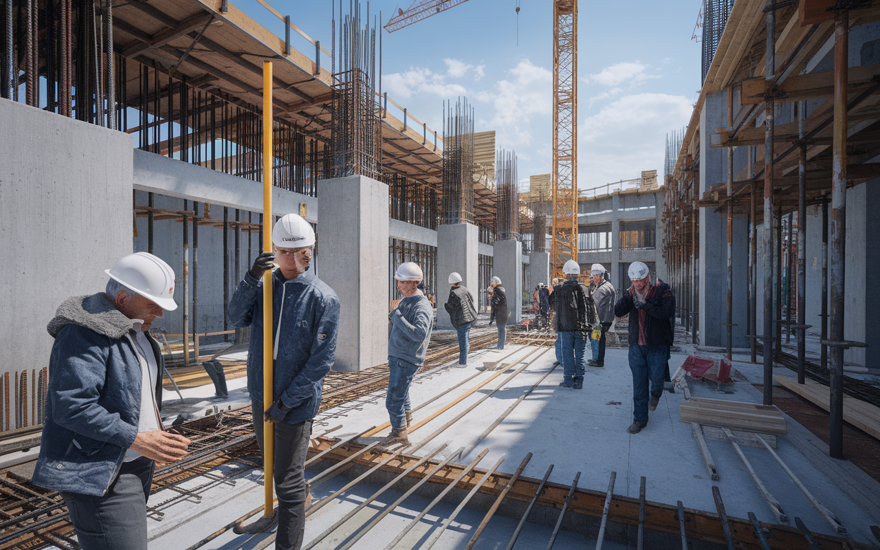 Chantier en construction avec plusieurs ouvriers portant des casques, manipulant des outils et des matériaux, sous un ciel ensoleillé.