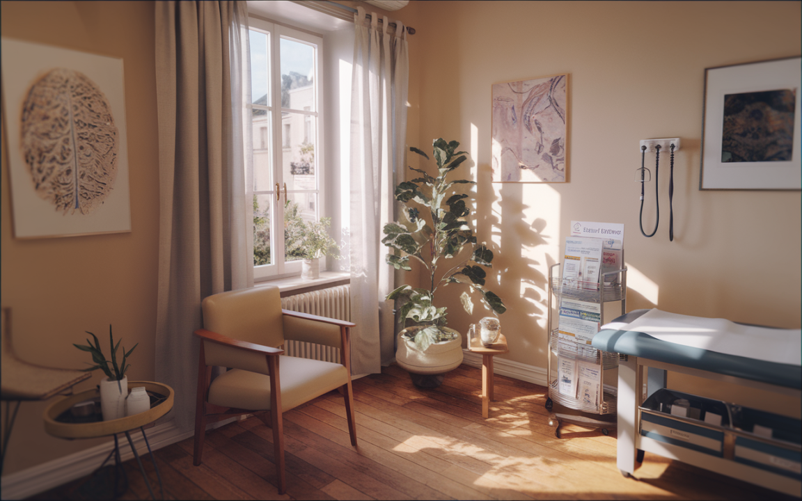 Cabinet médical lumineux avec une chaise, des plantes, une table d'examen, des affiches murales et une fenêtre offrant une vue extérieure.
