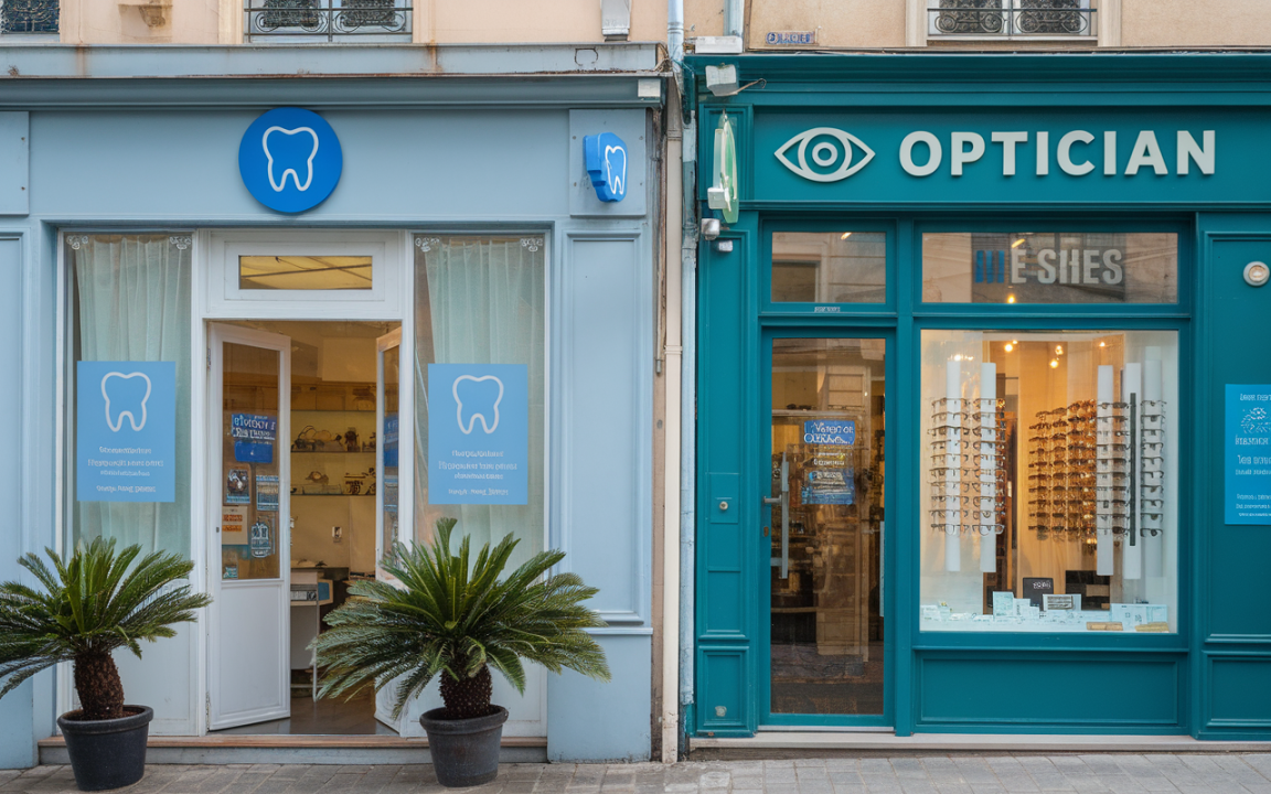 Deux magasins côte à côte : un dentiste avec un logo de dent et un opticien avec des lunettes exposées en vitrine.