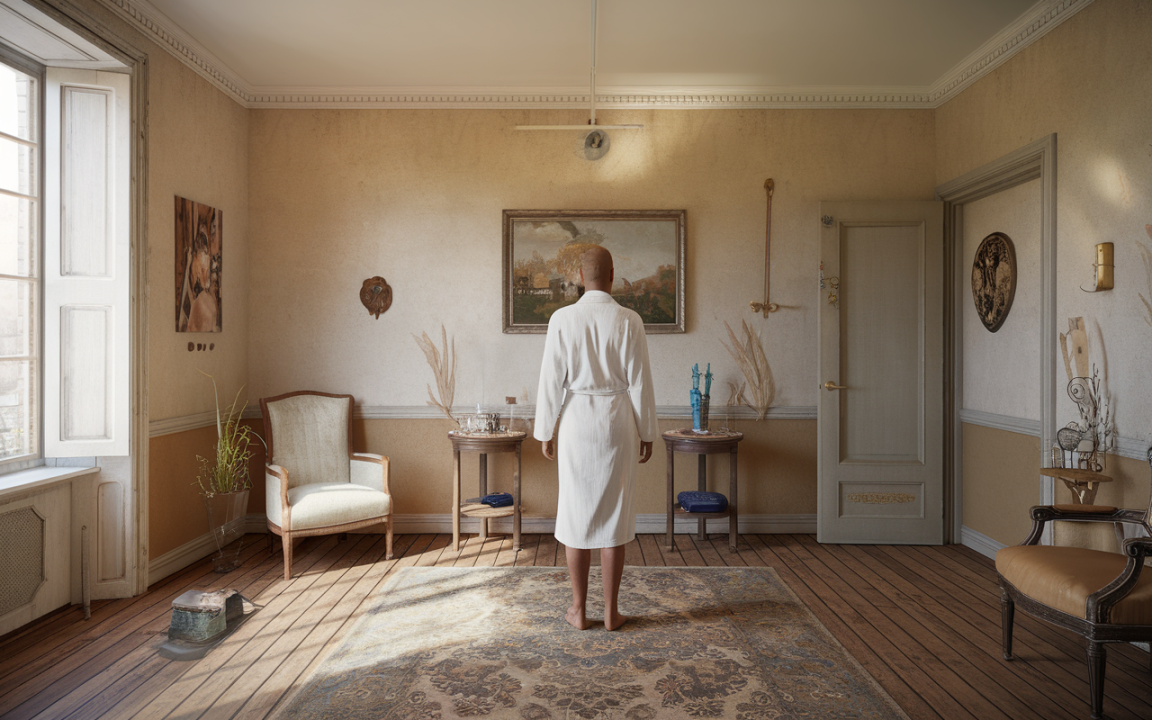 Une personne en peignoir se tient dos à une pièce décorée, avec des meubles vintage et des tableaux aux murs.