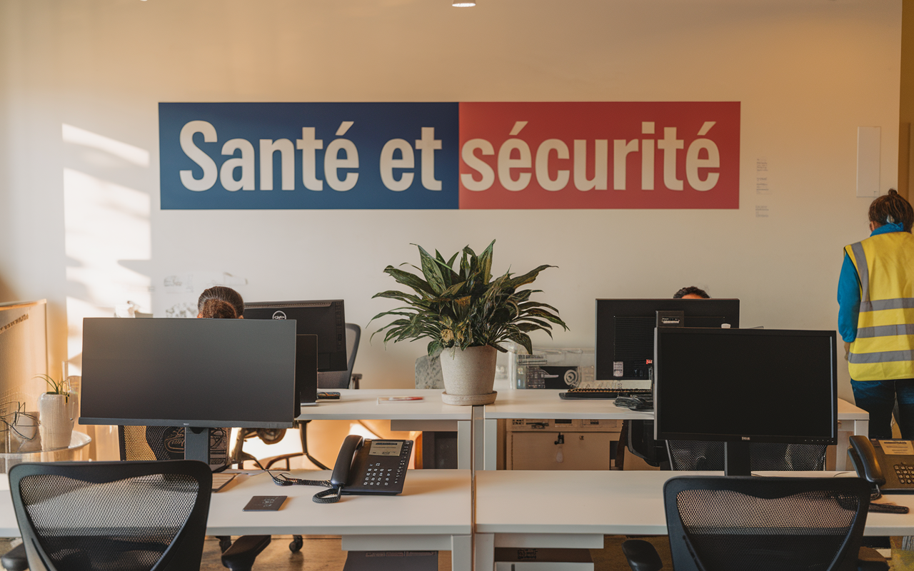 Bureau avec des ordinateurs, une plante en pot et un panneau affichant "Santé et sécurité". Un employé en gilet jaune est présent.