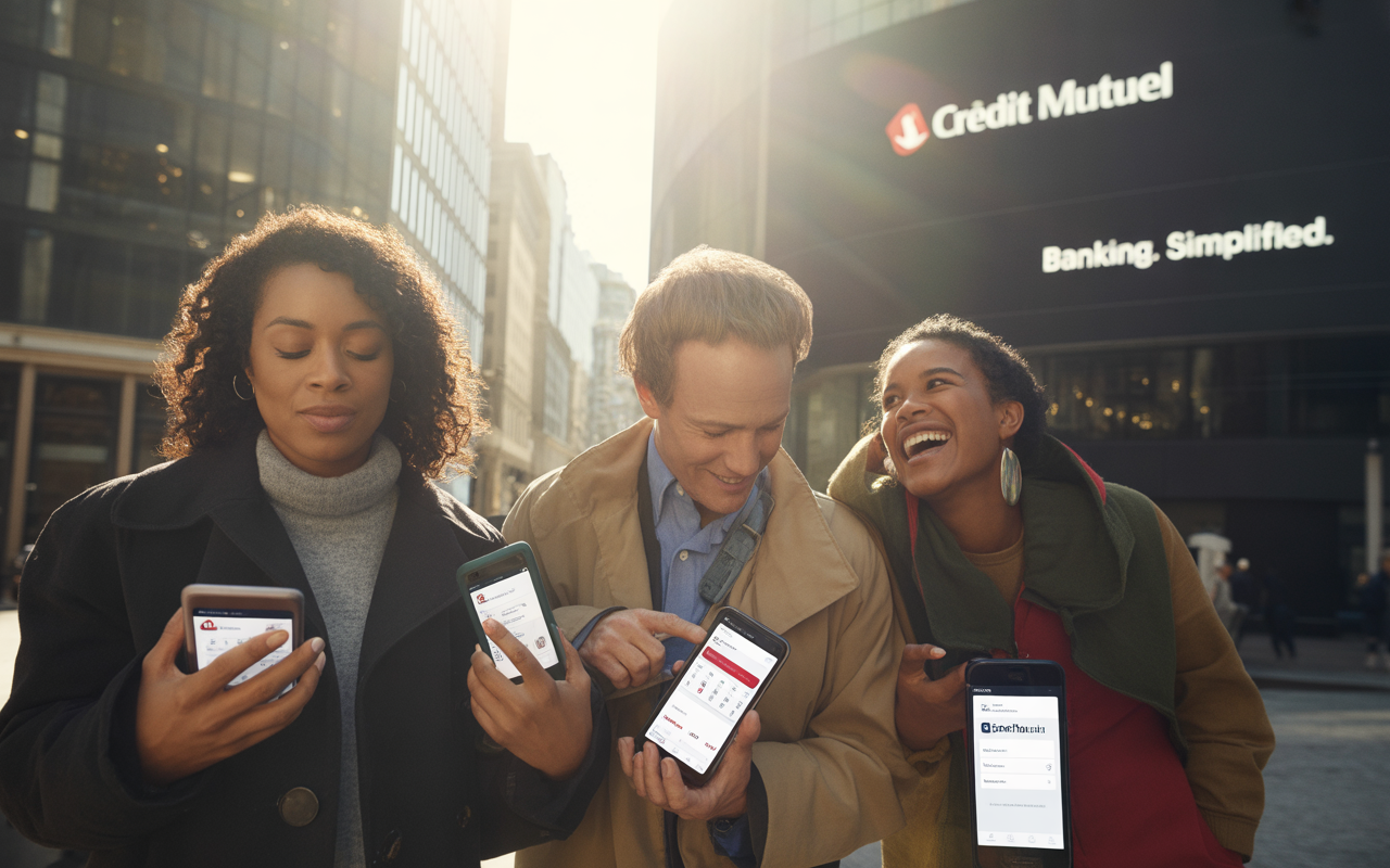 Trois personnes souriantes, tenant des smartphones, devant un bâtiment Crédit Mutuel, capturant un moment convivial à l'extérieur.