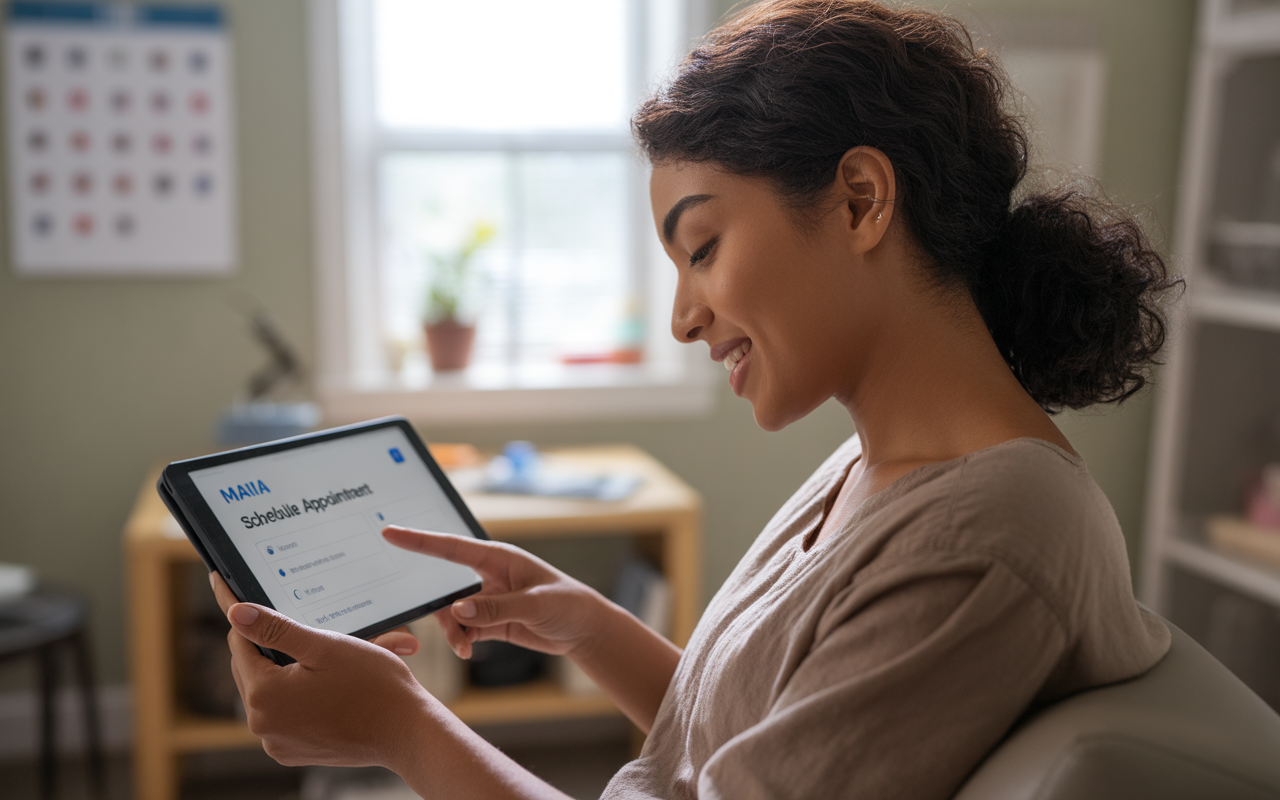 Femme souriante utilisant une tablette pour prendre un rendez-vous, dans un intérieur lumineux et accueillant.