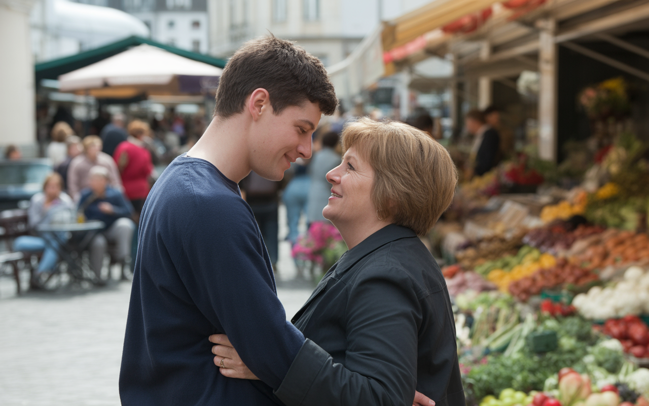 Un jeune homme et une femme se regardent avec affection, devant un marché coloré de fruits et légumes.