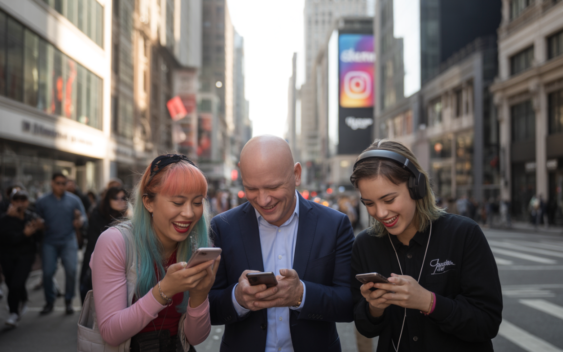 Trois personnes souriantes, deux femmes aux cheveux colorés et un homme, regardent leurs téléphones sur une rue animée.