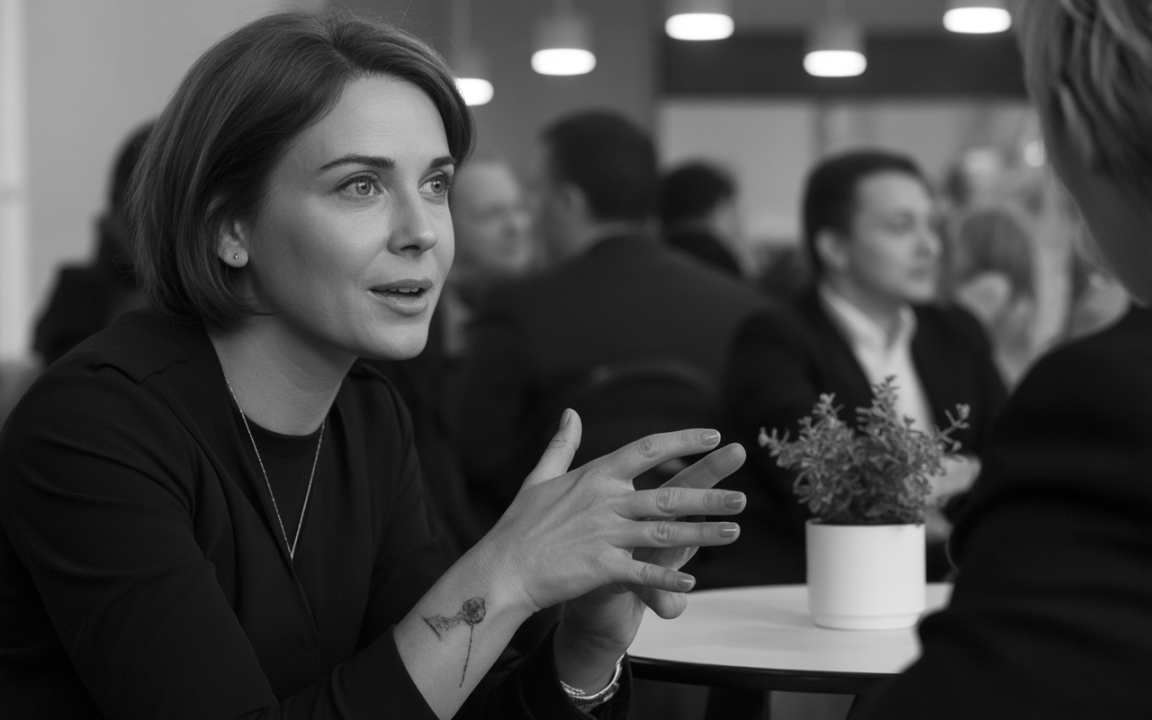 Femme souriante en discussion, les mains gesticulant, dans un environnement animé, avec une plante en pot sur la table.