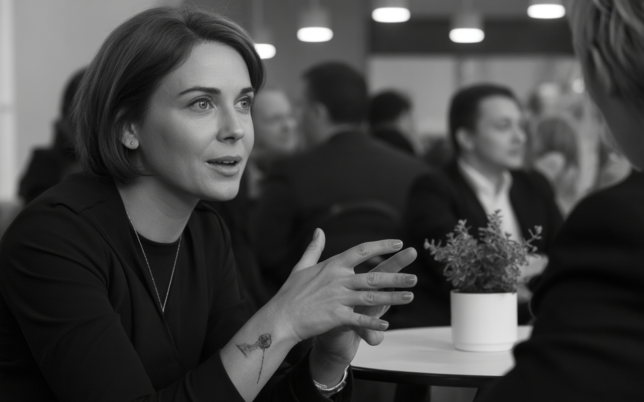 Femme souriante en discussion, les mains gesticulant, dans un environnement animé, avec une plante en pot sur la table.
