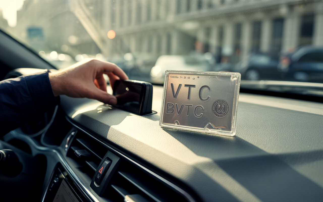 Main tenant un téléphone dans une voiture, un panneau VTC BVTC est posé sur le tableau de bord. Lumière naturelle.