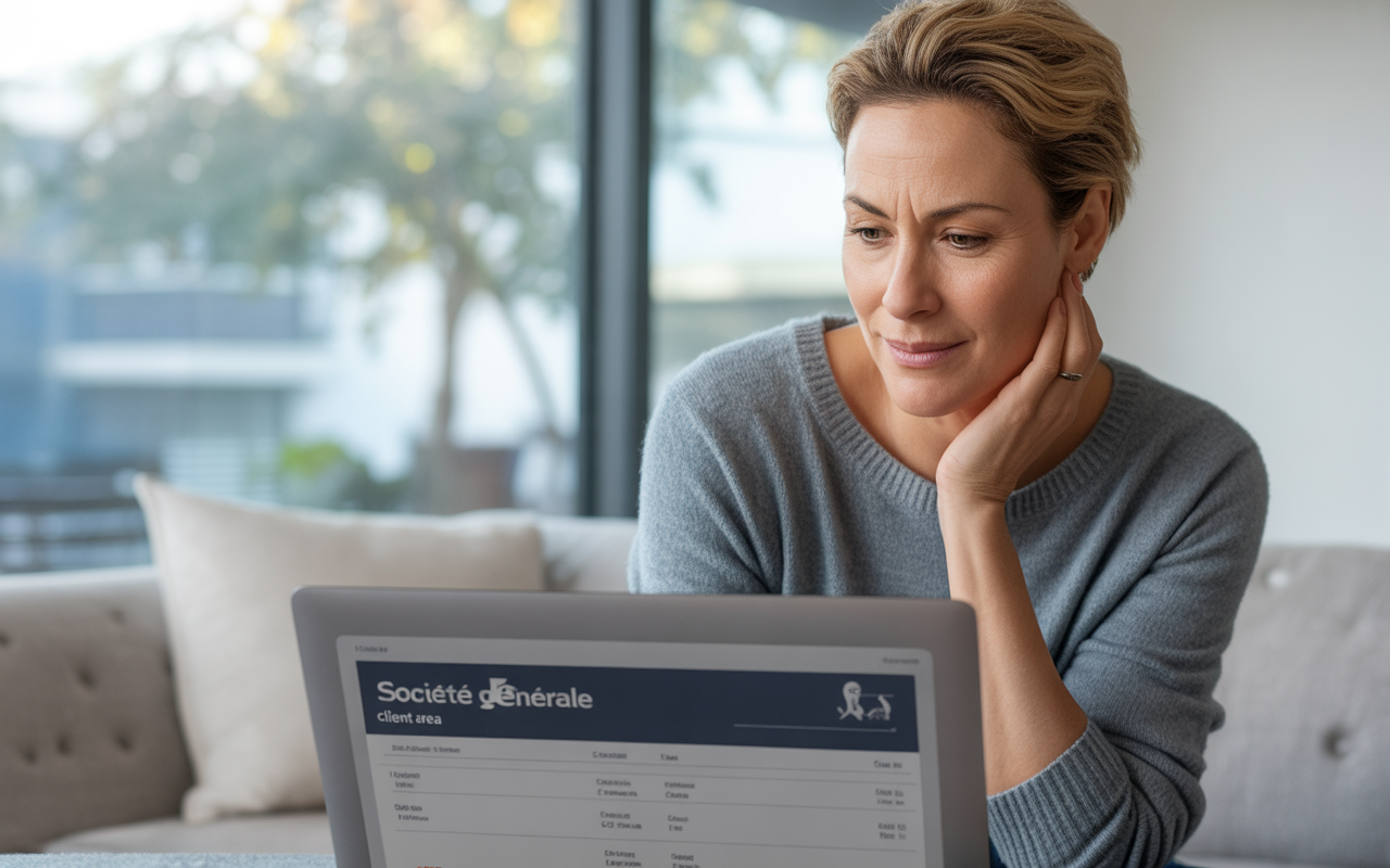 Femme dans un pull gris regardant un ordinateur portable affichant une page de la Société Générale, avec un air pensif.